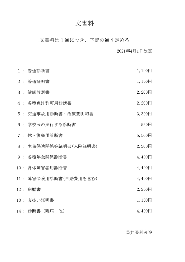 保険外負担一覧（文書料）