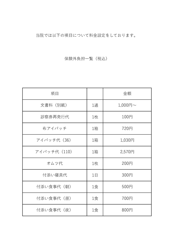 保険外負担一覧（外来・入院）